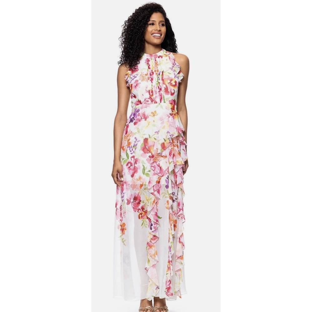 Betsy & Adam Pink Multi Floral Printed Chiffon Gown Size 4 $259